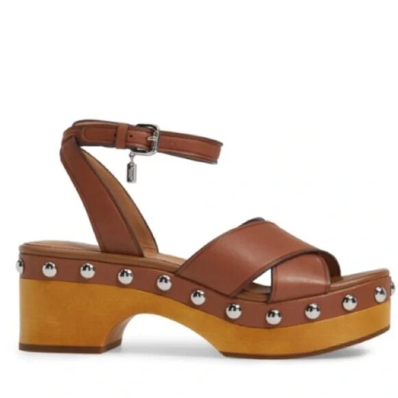 Coach Astor Studded Leather Platform Clog Sandals in Brown Saddle Size 7.5 - Picture 1 of 10